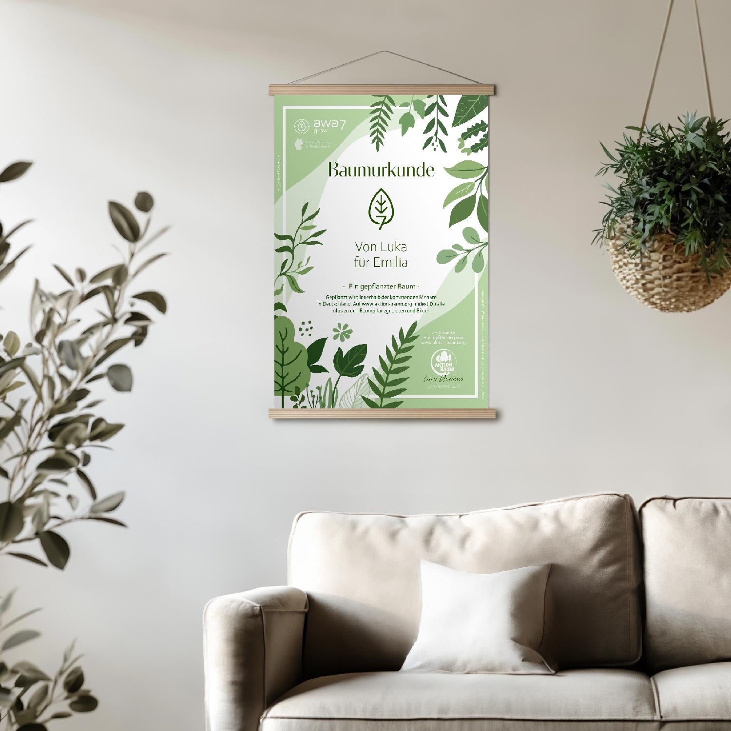 Baumurkunde Mockup hängend an der Wand