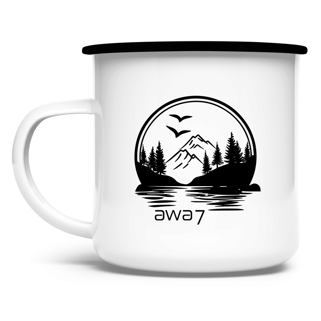 Emaille Tasse - Artwork: Berge mit Henkel nach Links