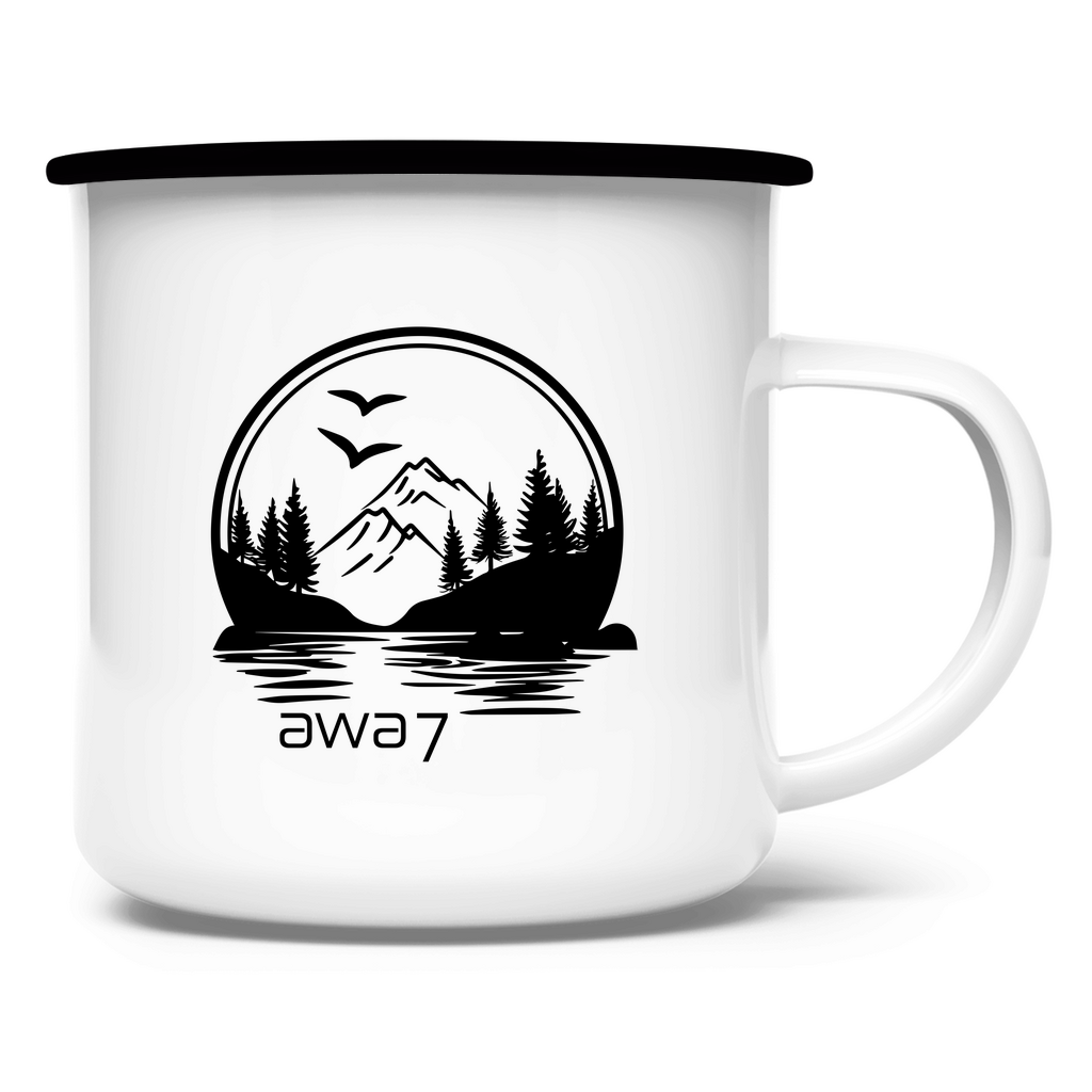 Emaille Tasse - Artwork: Berge mit Henkel nach rechts
