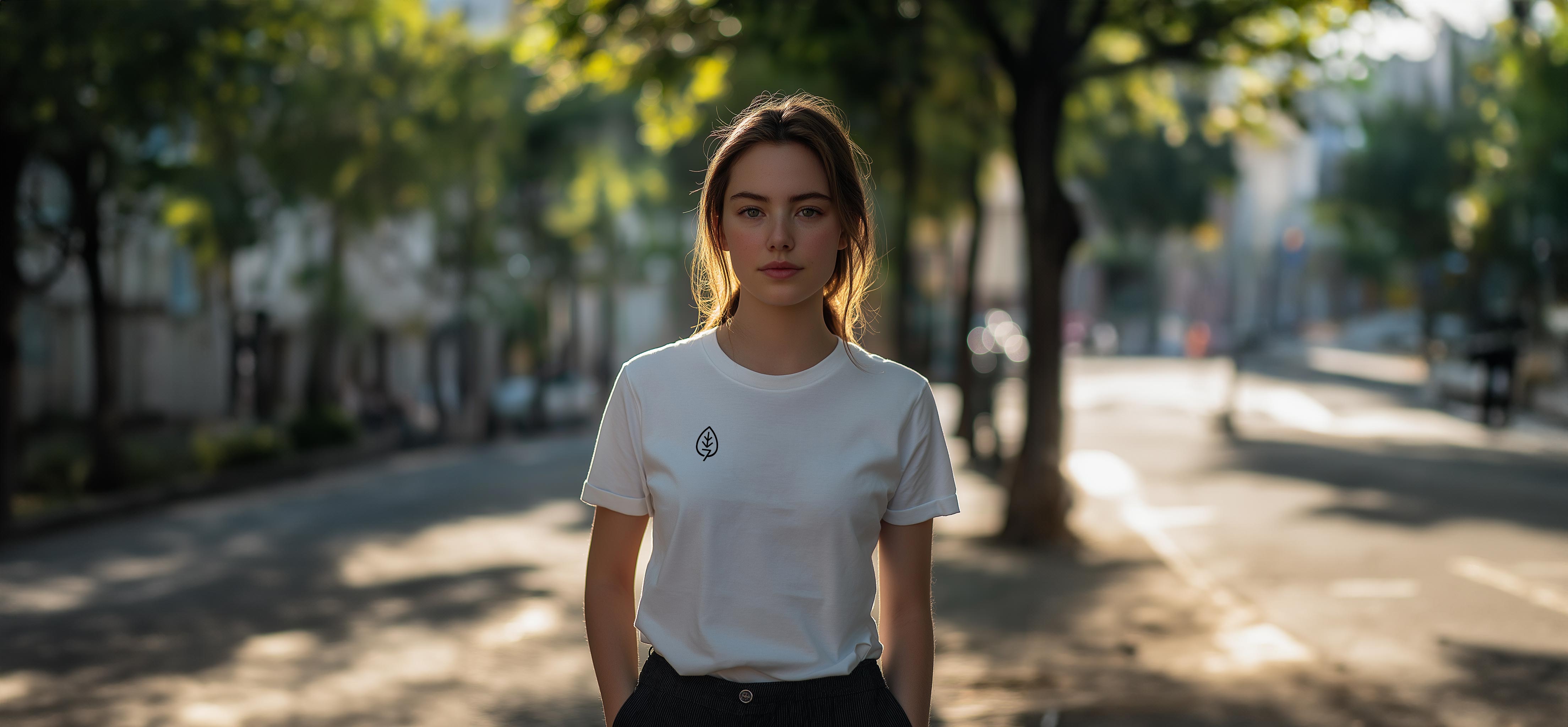 Eine Frau steht im Vordergrund einer Straße, schaut geradeaus, hat ihre Hände in den Hosentaschen und trägt ein weißes T-Shirt mit dem awa7-Logo.