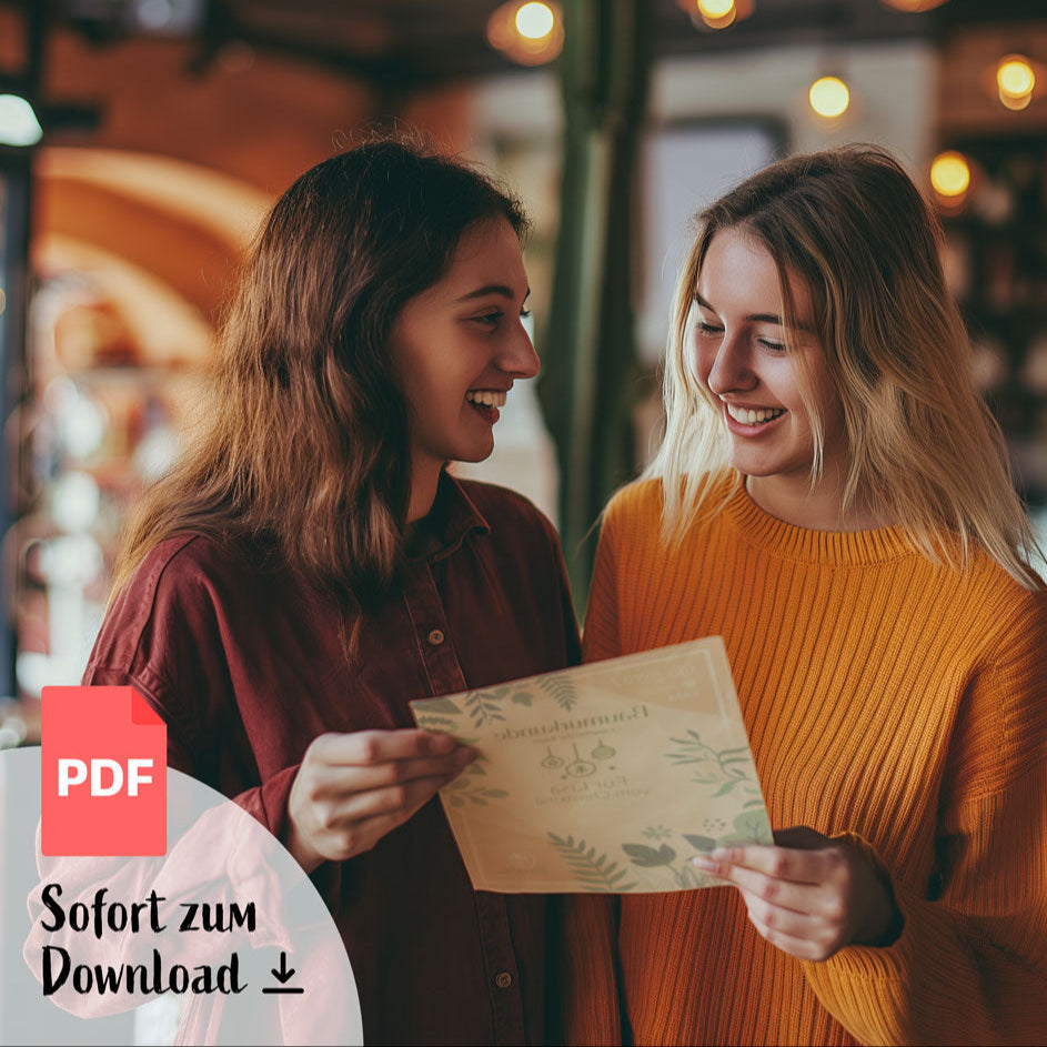 Zwei Frauen schauen sich eine awa7 Grow-Baumurkunde an und lachen dabei.