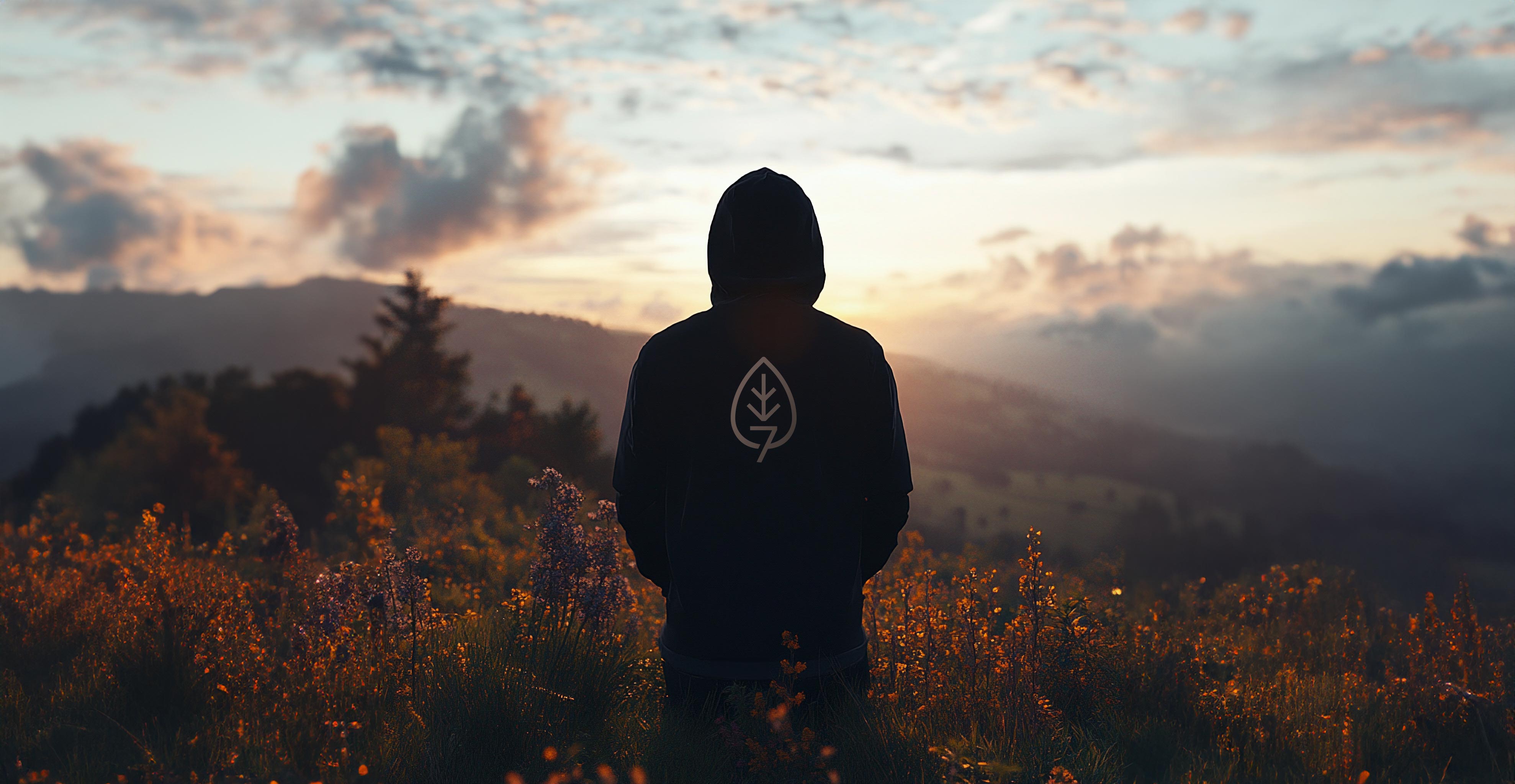 Eine Person steht auf einem Feld und trägt einen awa7 Hoddy in Black