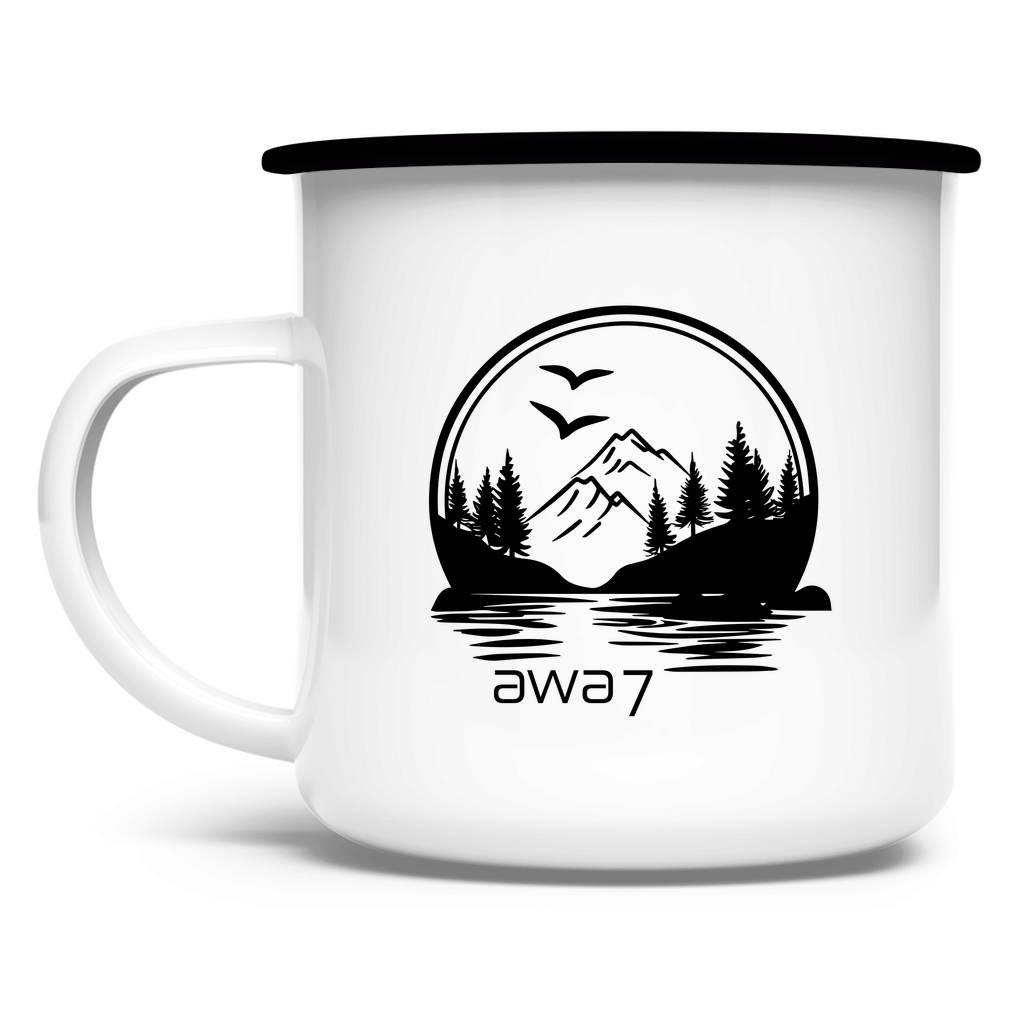 Emaille Tasse - Artwork: Berge mit Henkel nach Links 